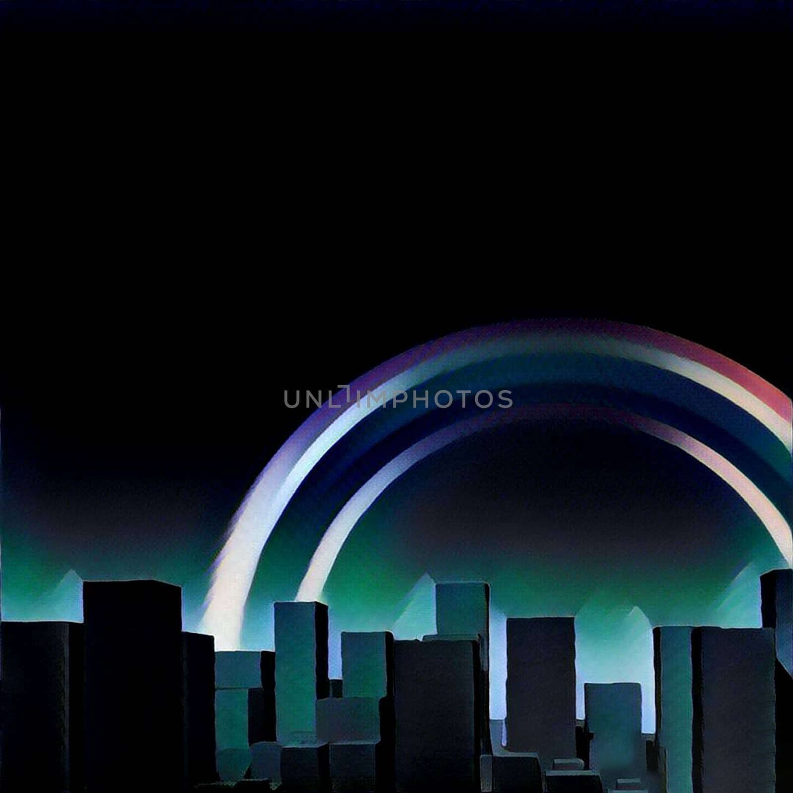 Modern abstract painting. Cityscape with skyscrapers. Rainbow in the sky. 3D rendering.