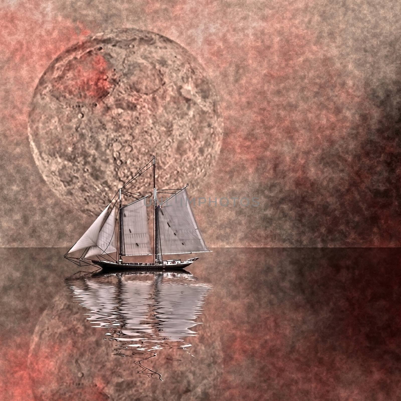 Surreal scene. Sail boat. 3D rendering.