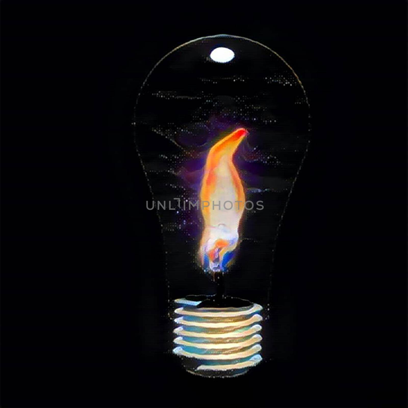 Surrealism. Light bulb with candle light inside. 3D rendering.