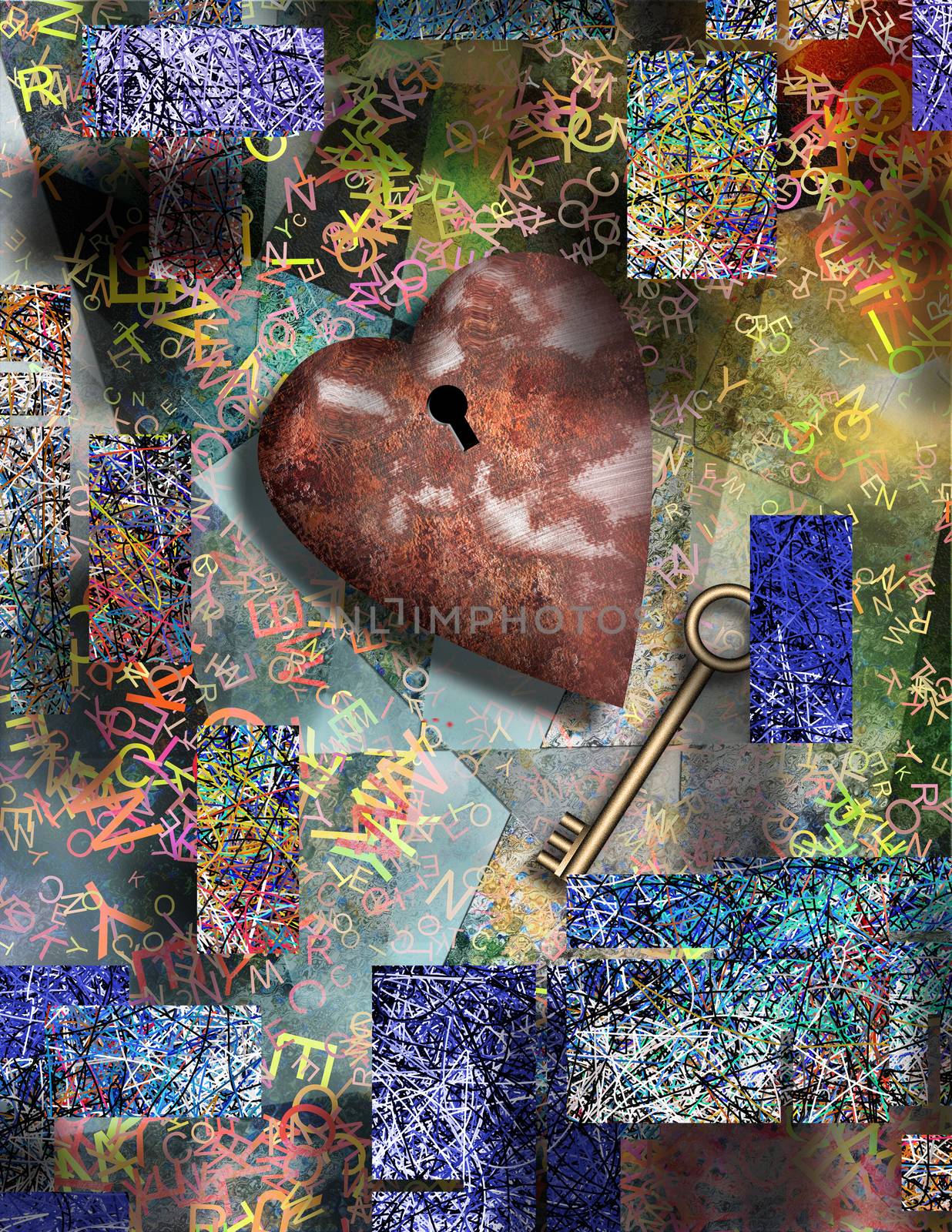3D rendering. Surrealism. Rusted heart with keyhole and golden key. Messy anstracted background with colorful lines and letters.