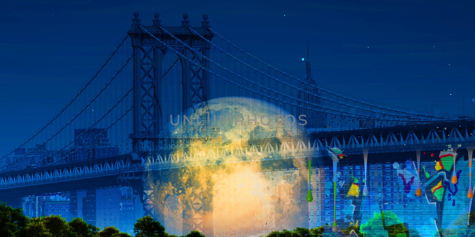 Surreal digital art. Manhattan bridge on New York's cityscape. Giant moon, pieces of graffiti.