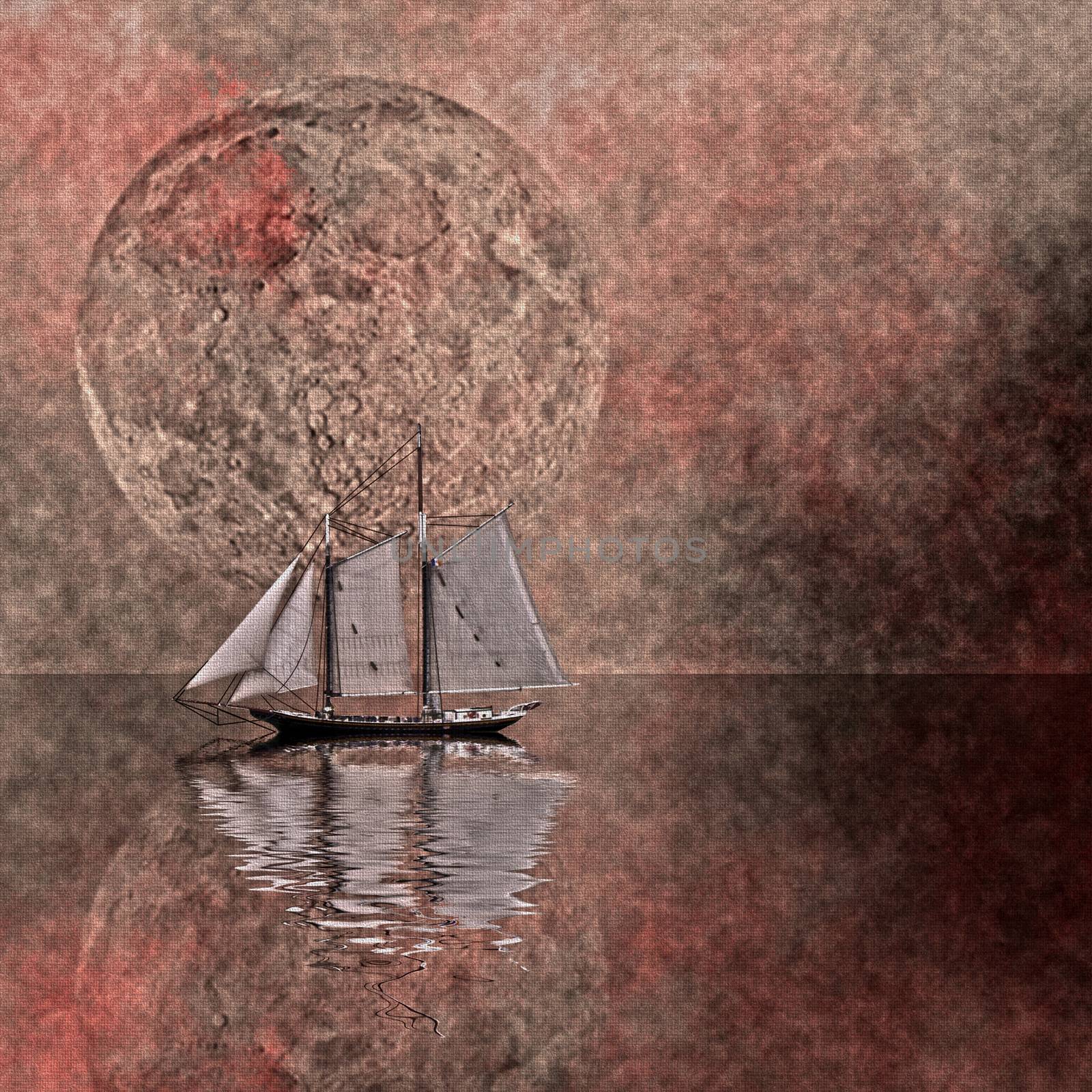 Surreal scene. Sail boat. 3D rendering.