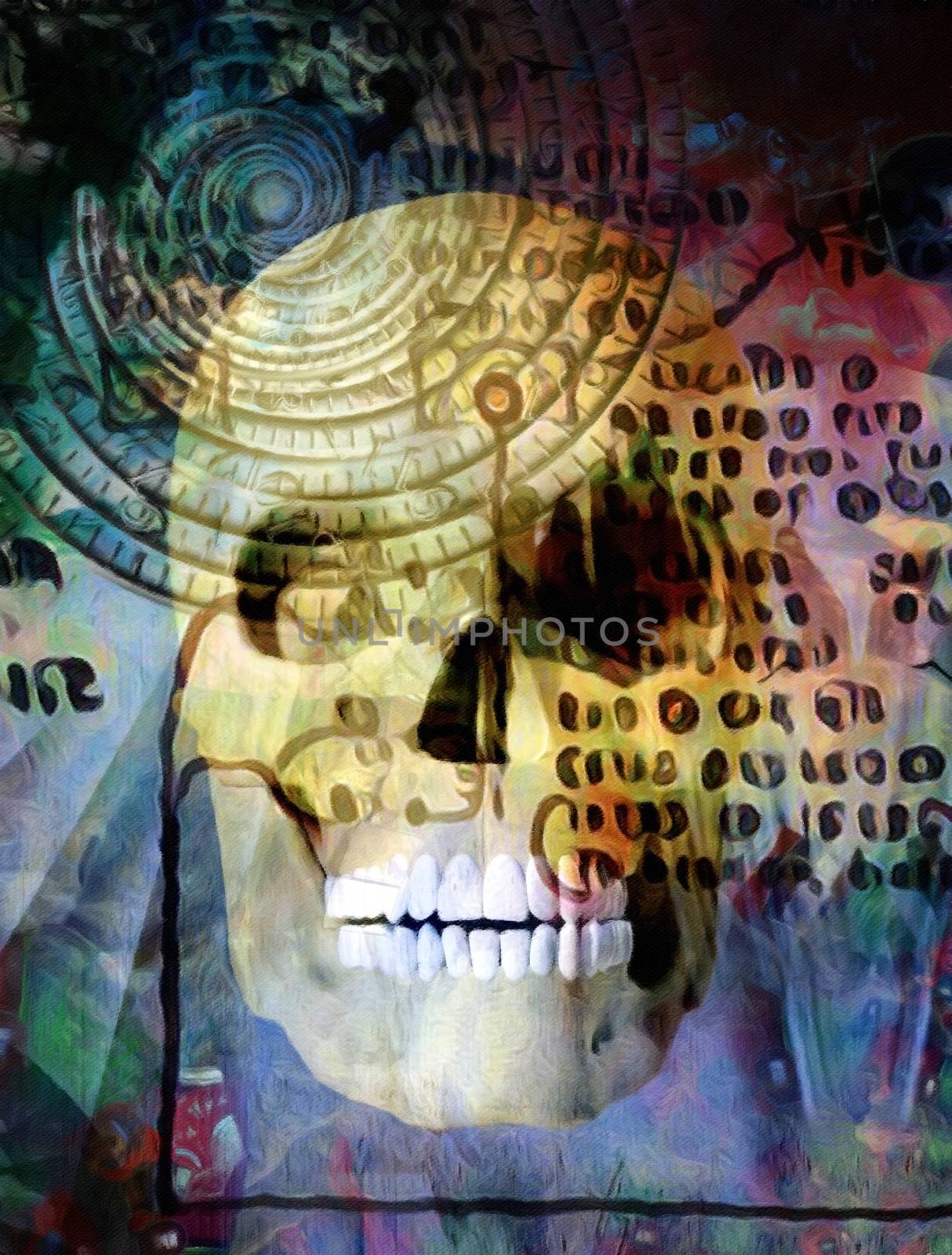 Surreal composition. Praying hands, men with thoughts and hopes, human's skull. 3D rendering