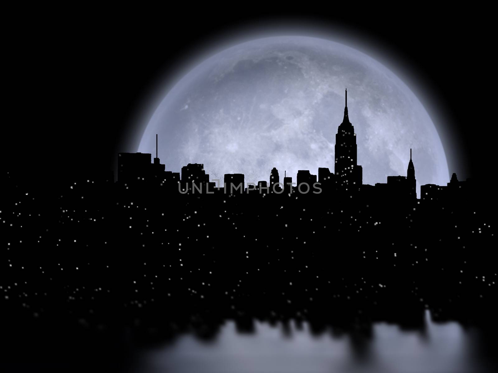 NYC Cityscape reflects in the moon. 3D Rendering. Some elements provided courtesy of NASA.