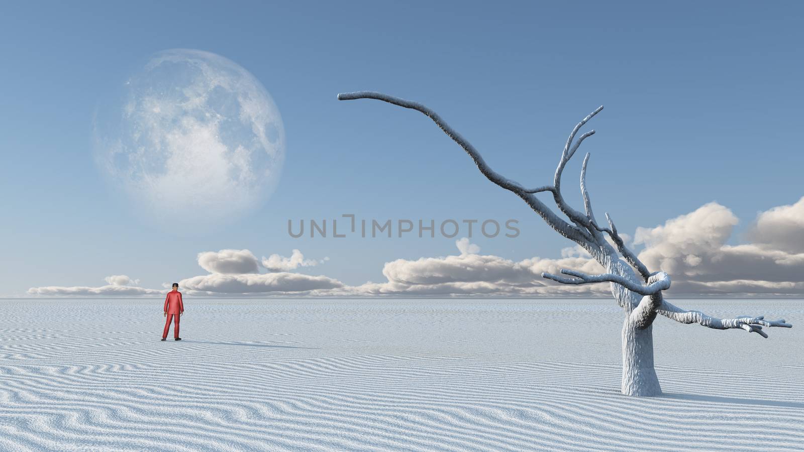 Surrealism. Man in red suit stands in white desert with old dry tree. Giant moon in the sky.