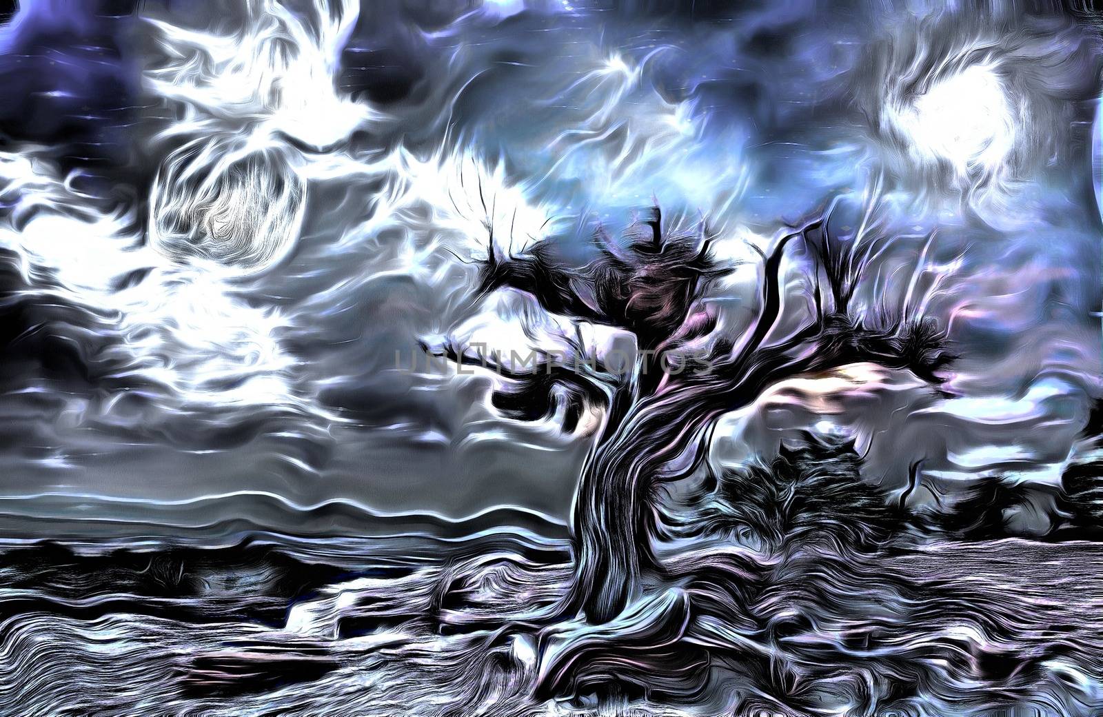 Surreal painting. Old tree, full moon and mystic clouds in the sky.