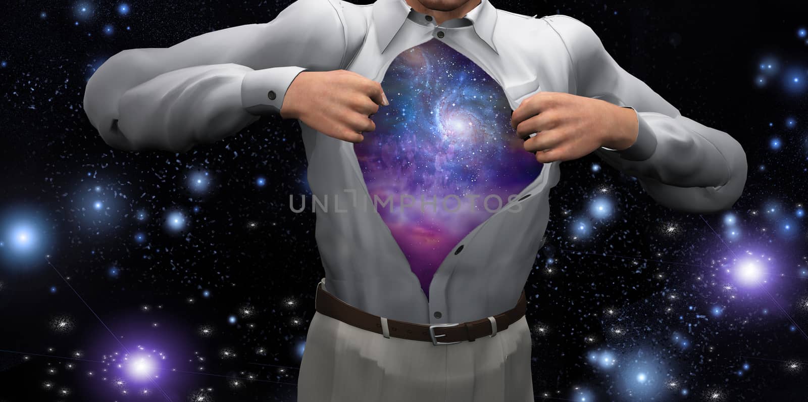 Man opens shirt to reveal the galaxies by applesstock