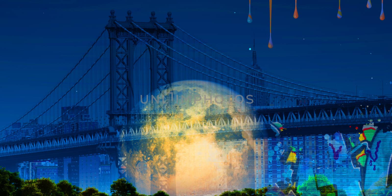 Surreal digital art. Manhattan bridge on New York's cityscape. Giant moon, pieces of graffiti. Paint drops.