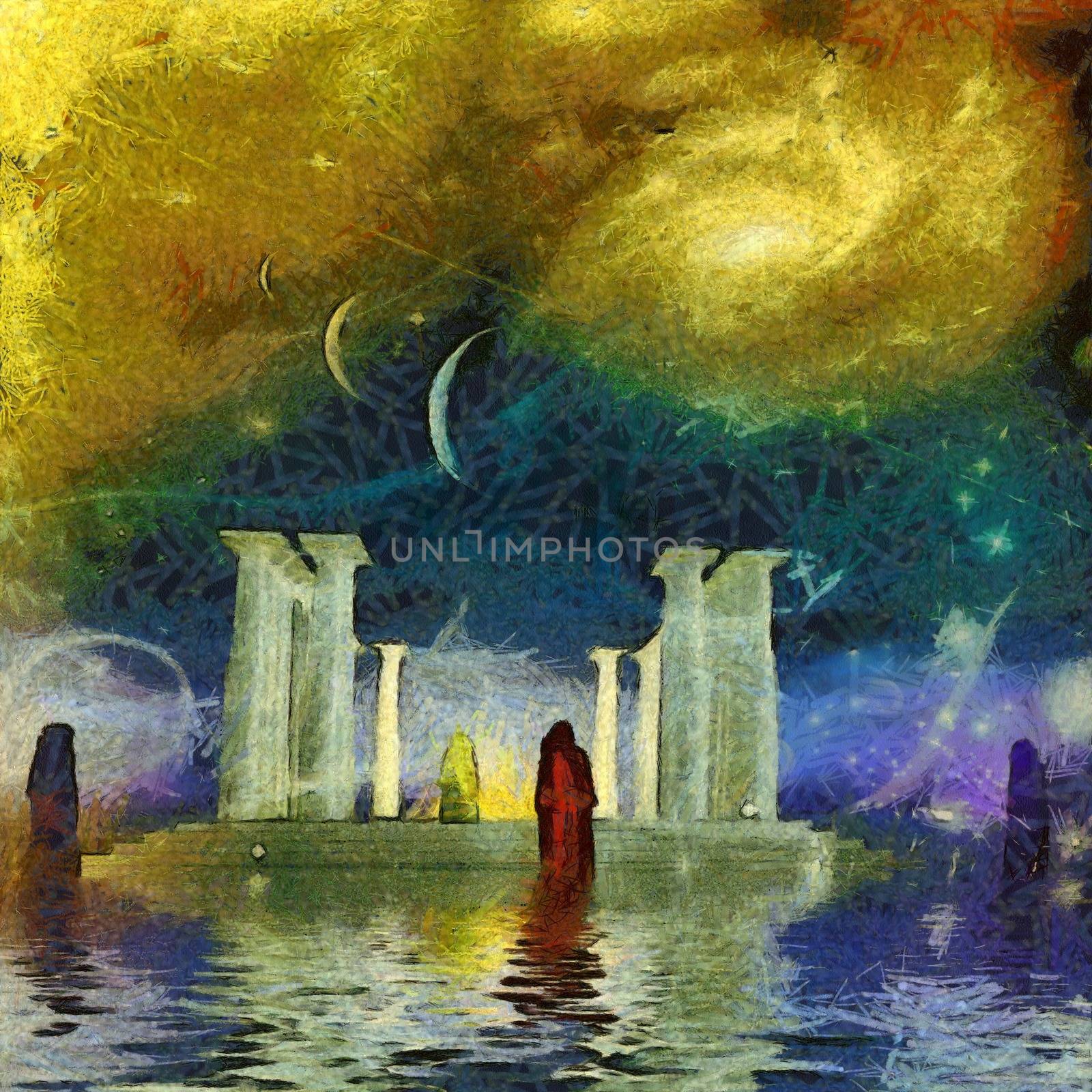 Surreal painting. White temple on water surface. Monks around him. Parade of planets and galaxy in the sky.