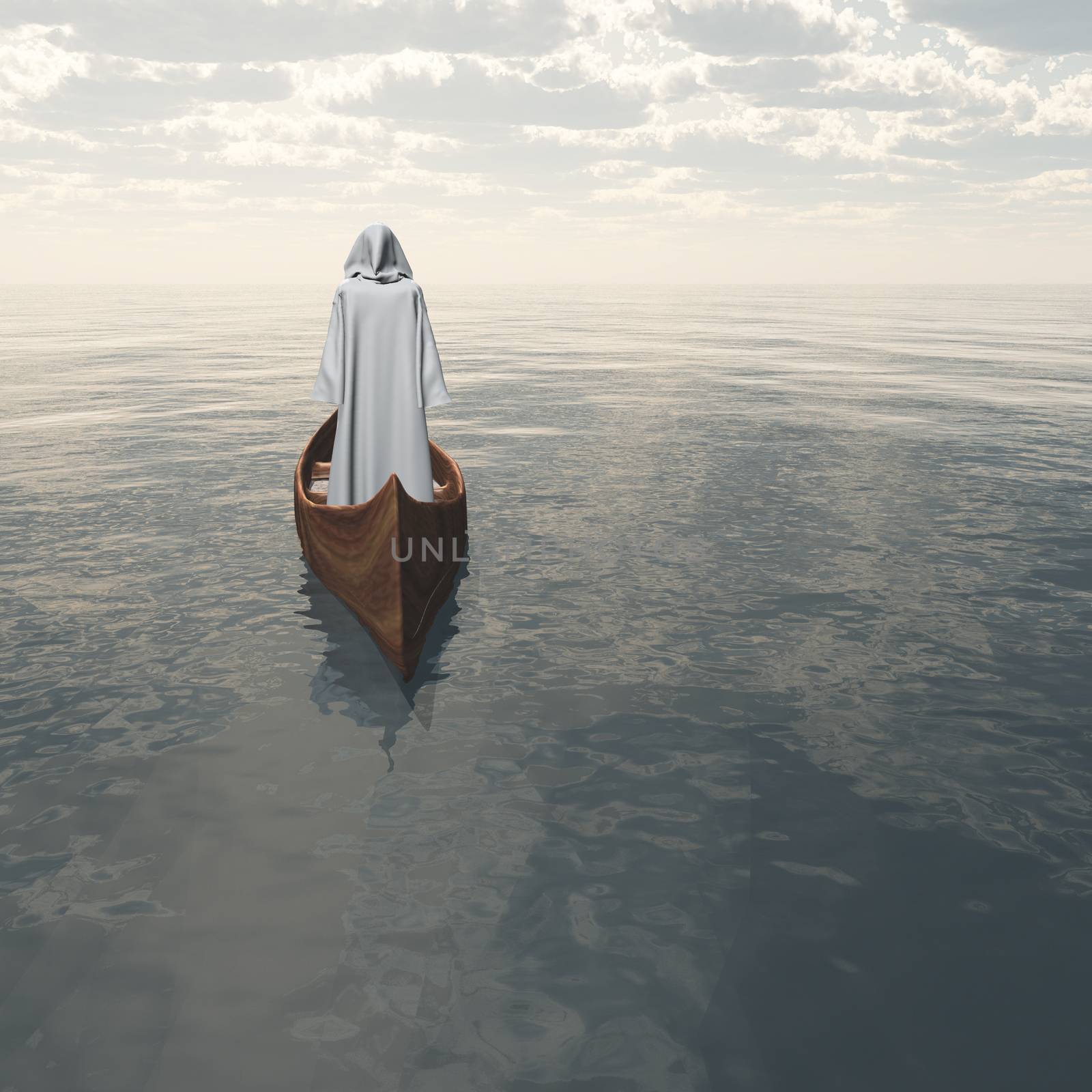 Surreal digital art. Figure in white cloak floats in wooden boat.