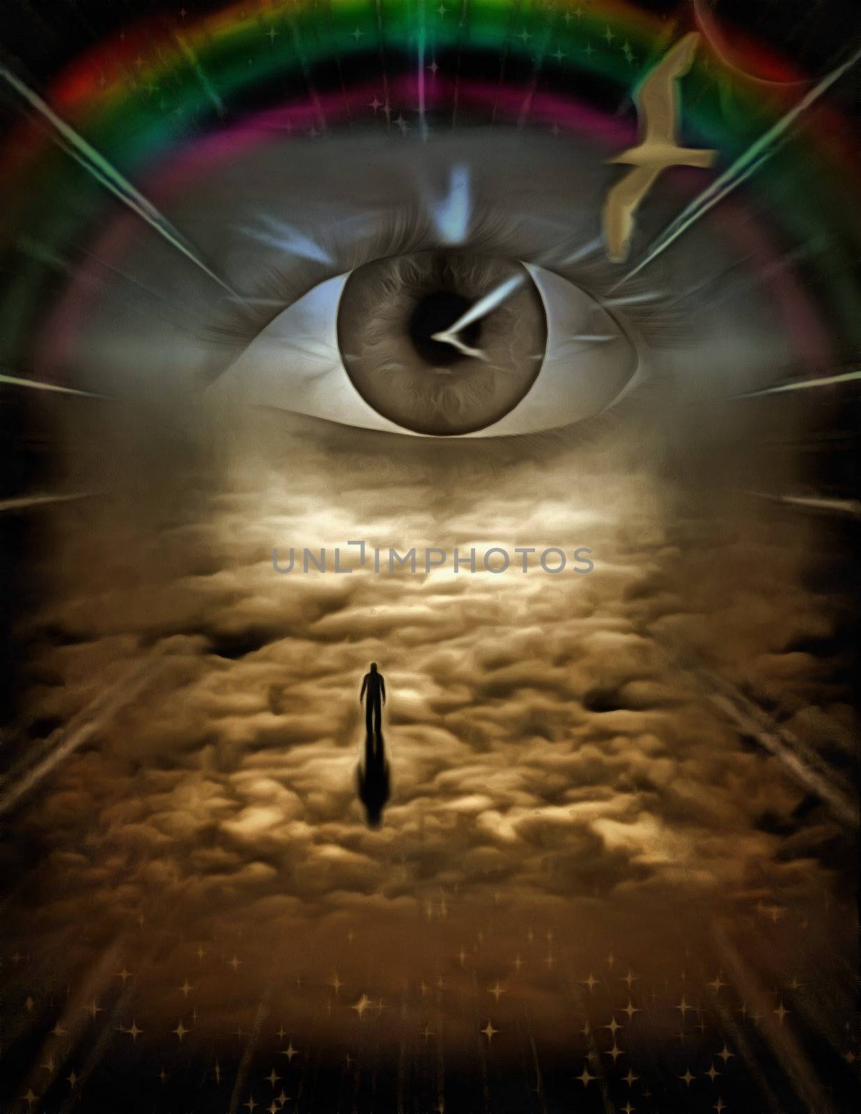 Surrealism. Figure of man goes to God's Eye . Clock Face, rainbow and bird in the sky.