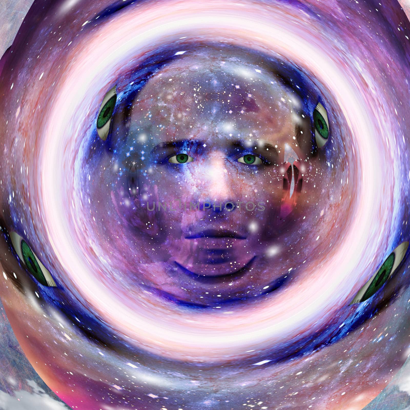 Surreal digital art. Mans head with stars and clouds. Abstract background.