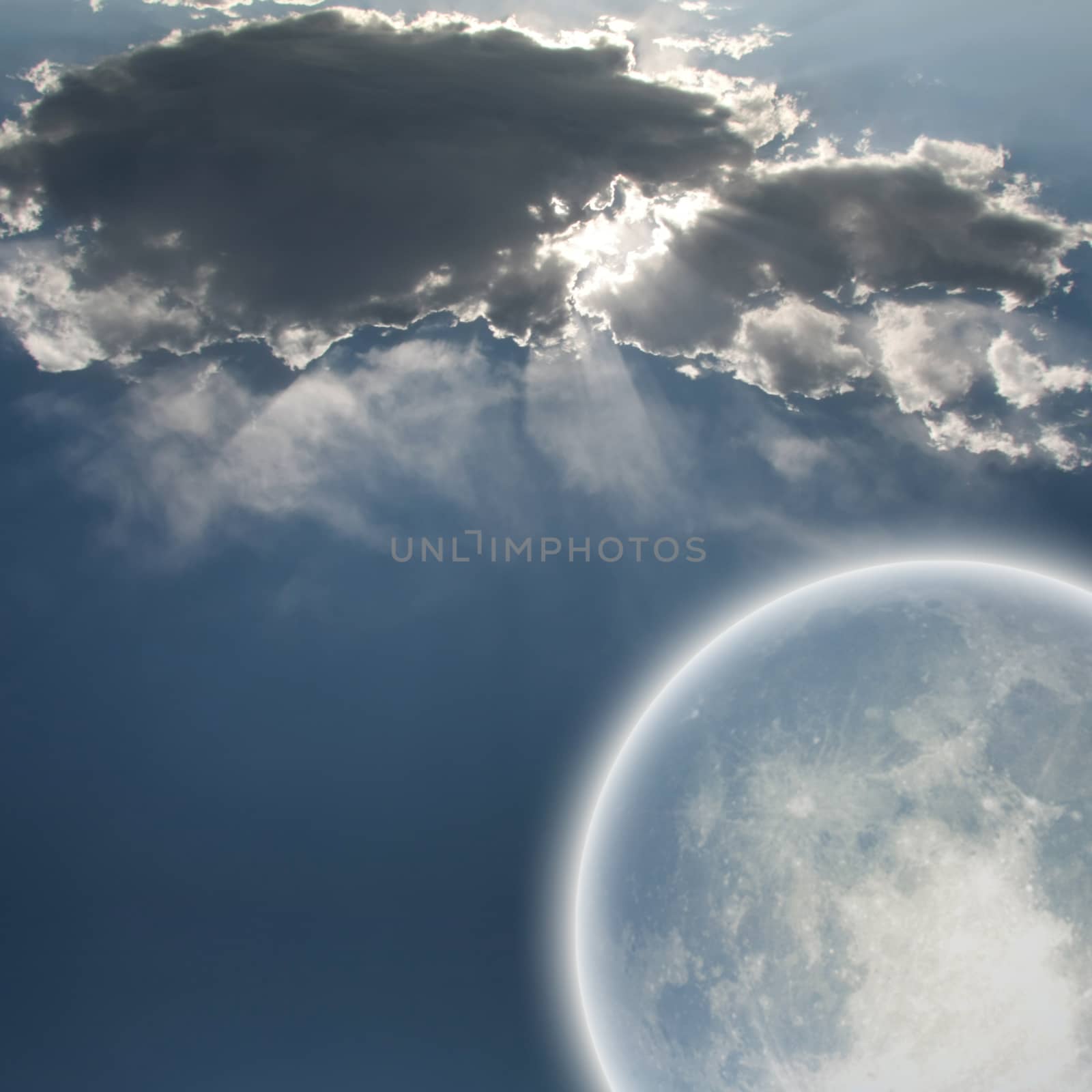 Sunbeams through clouds and bright moon. 3D rendering. Some elements credit NASA.