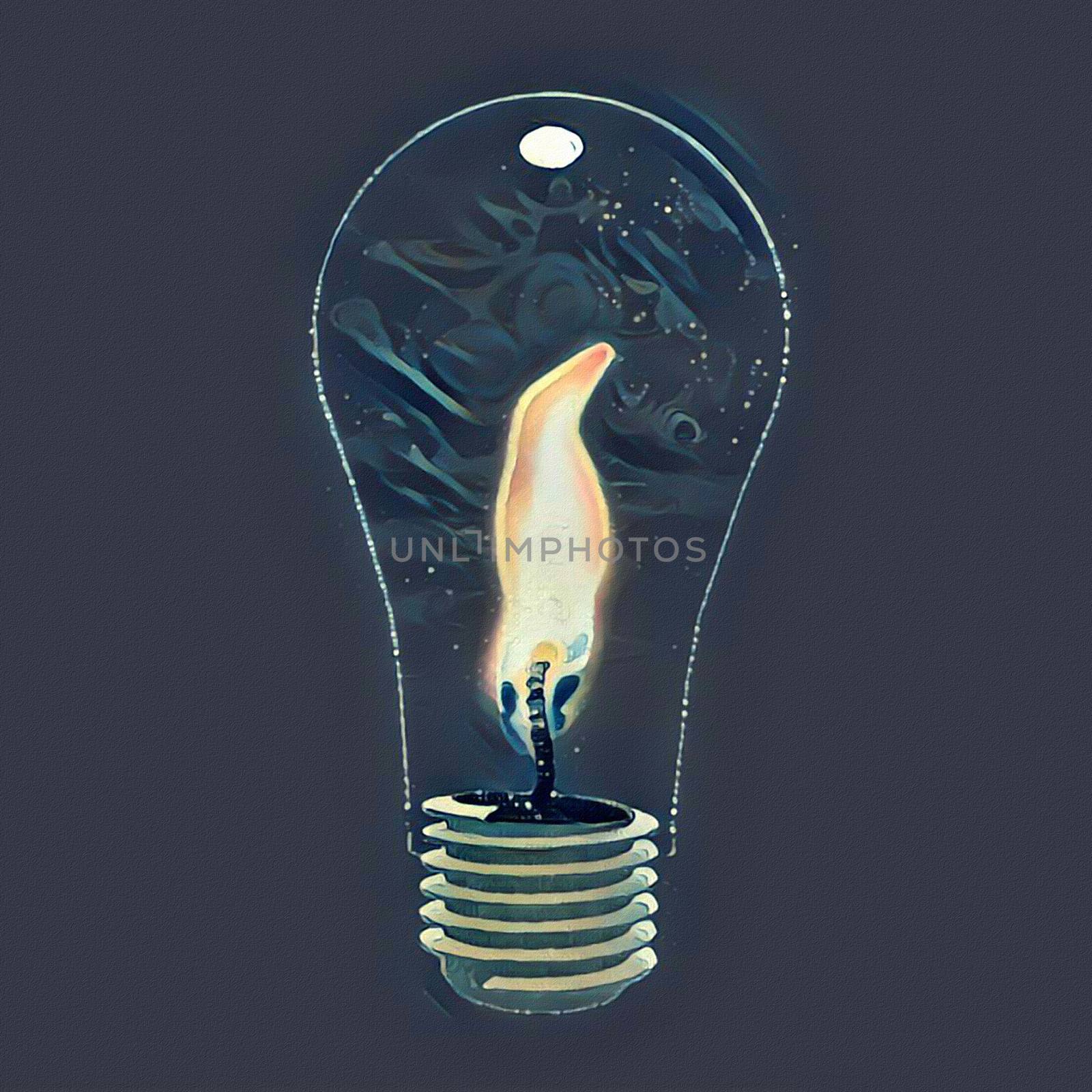Surrealism. Light bulb with candle light inside.
