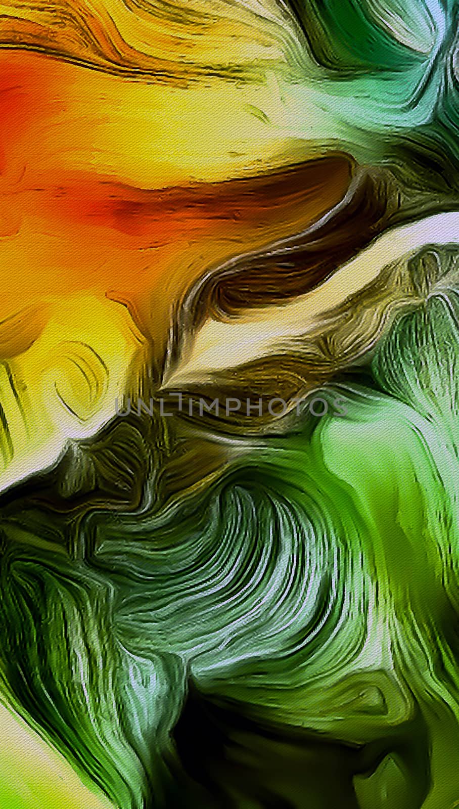 Fluid lines of color movement. Green and yellow colors mostly. 3D rendering.