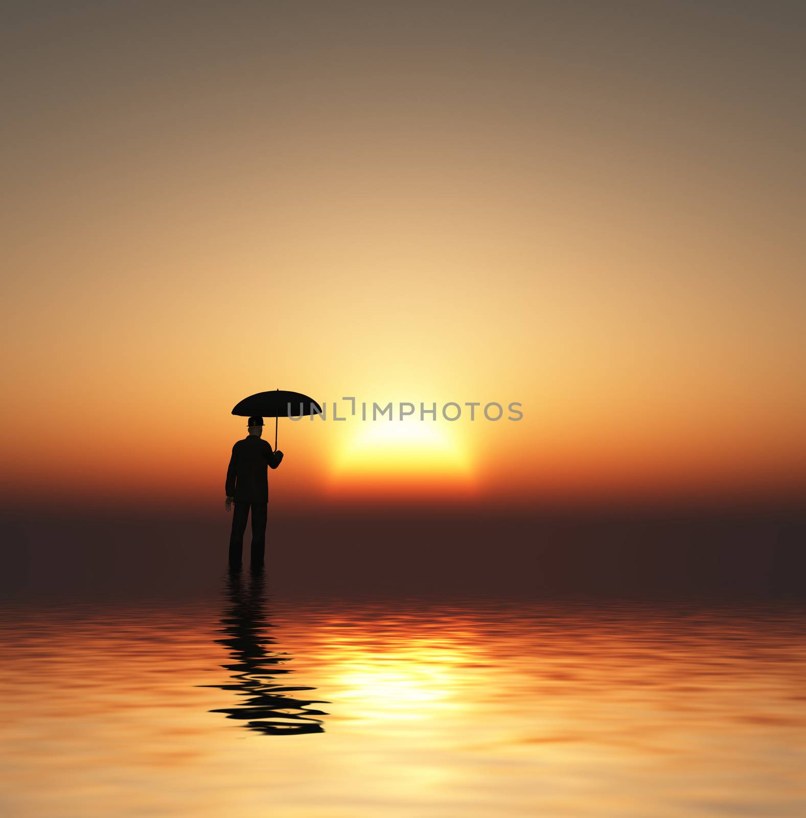 Surreal digital art. Sun goes down over water surface. Man with umbrella stands on the water.