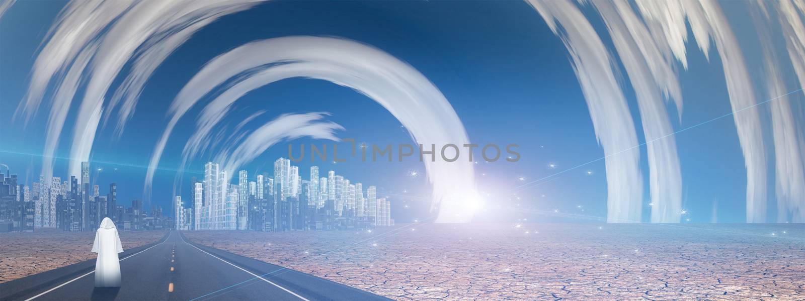 Surreal digital art. Figure in white cloak walks on a road to the City of Future.