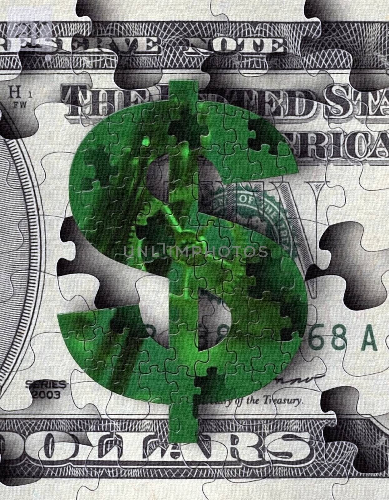 A dollar sign jigsaw puzzle with pieces to symbolize financial money solutions. 3D rendering