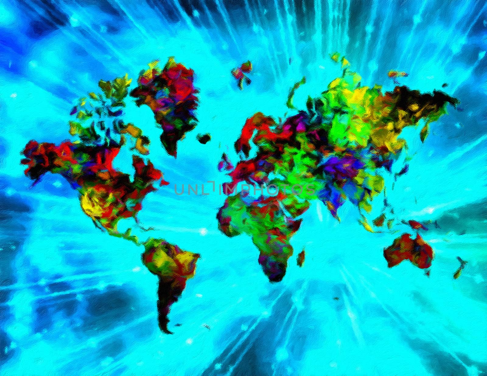 Abstract painting. Colorful world map. Rays of light on a background.