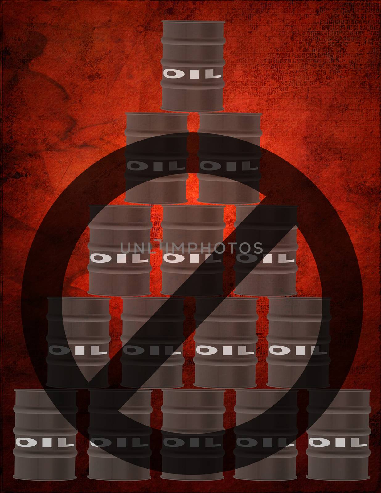 Barrels of oil. Forbidden sign. 3D rendering