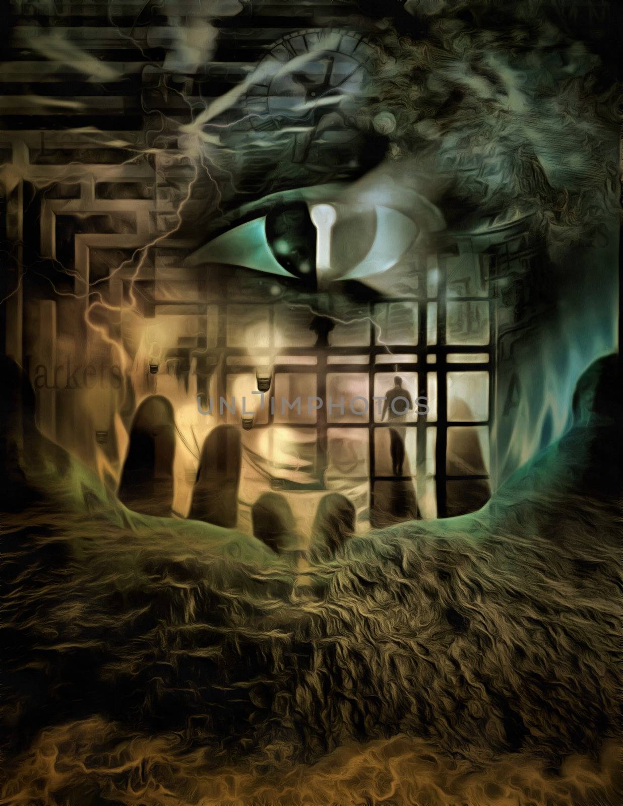 Complex surreal painting. Giant eye with keyhole.