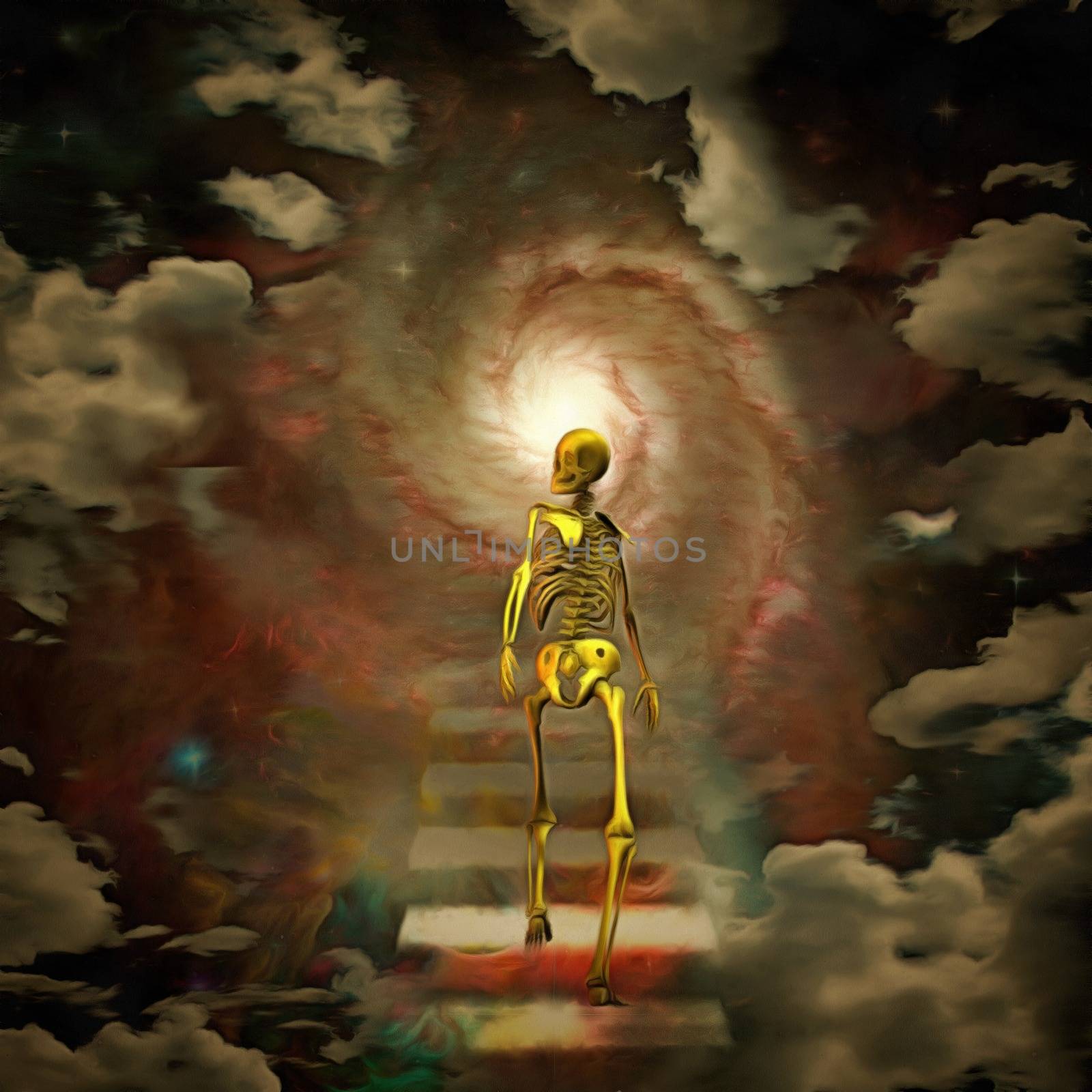 Surreal painting. Skeleton walks to the bright light. Clouds on a background.