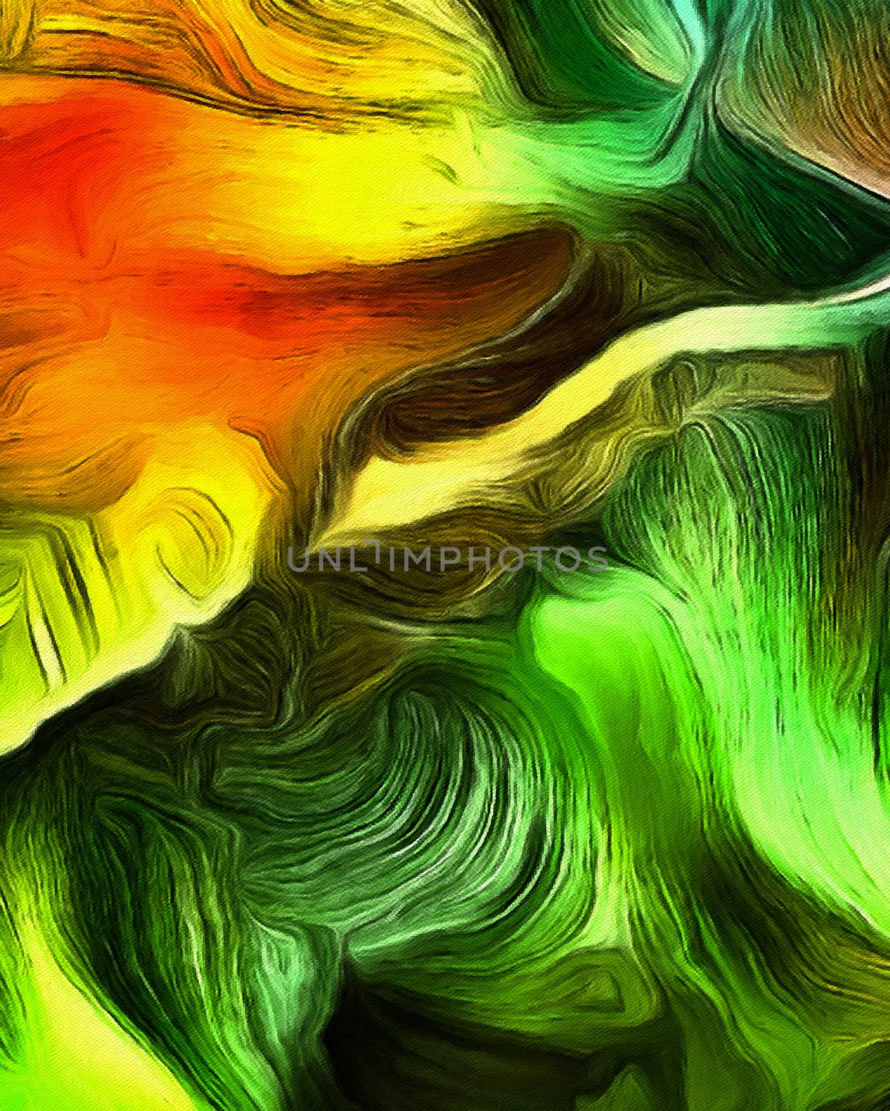 Fluid lines of color movement. Green and yellow colors mostly. 3D rendering.