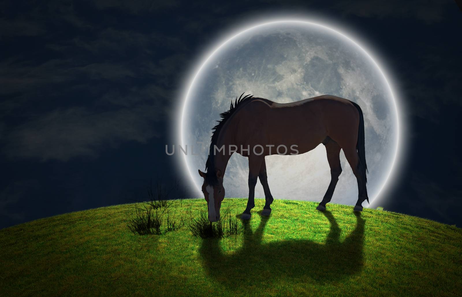 Surrealism. Horse grazes on greem meadow. Giant moon at the horrizon. Some elements image credit NASA. 3D rendering.