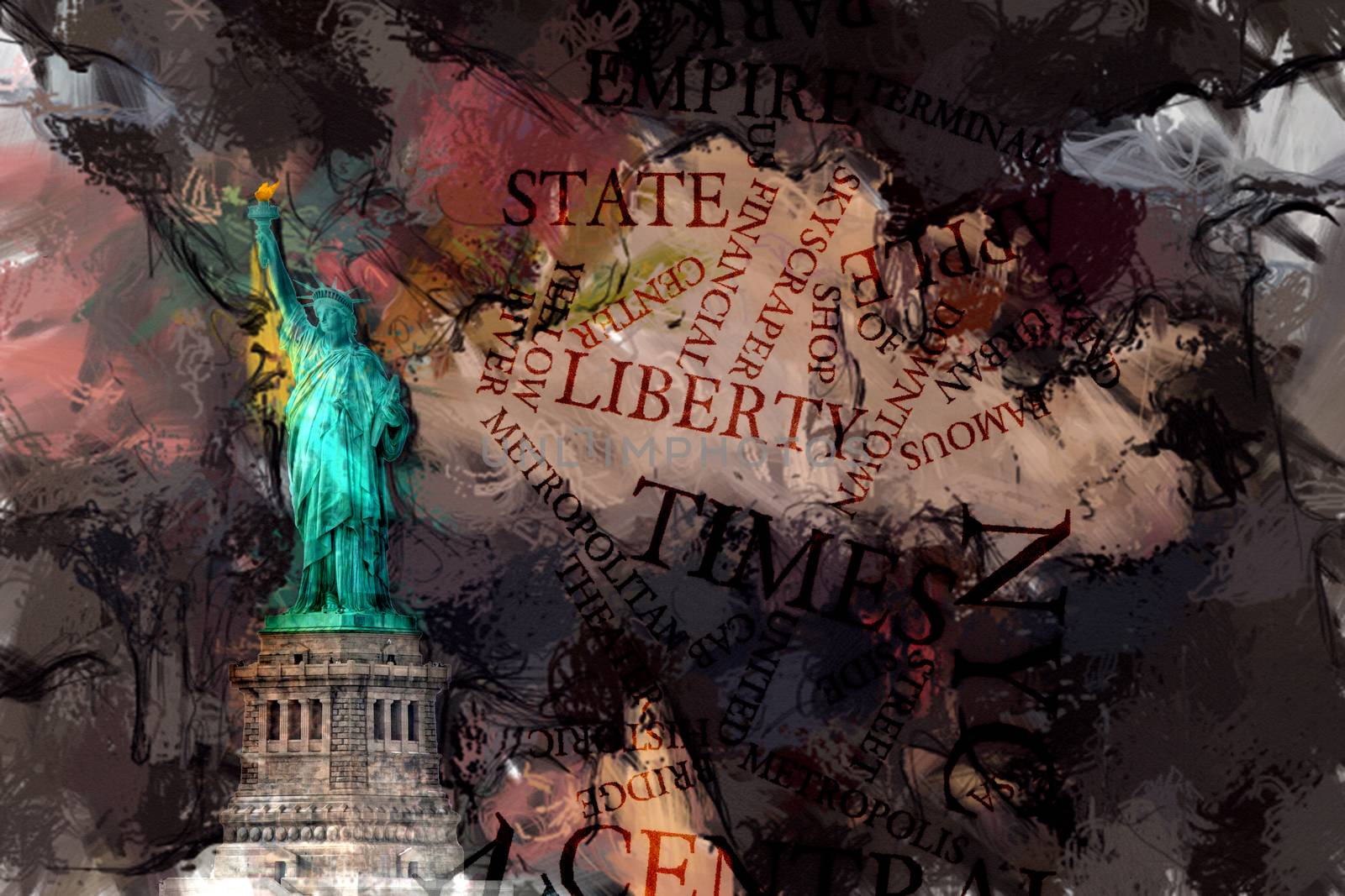 Abstract painting. Liberty statue. 3D rendering