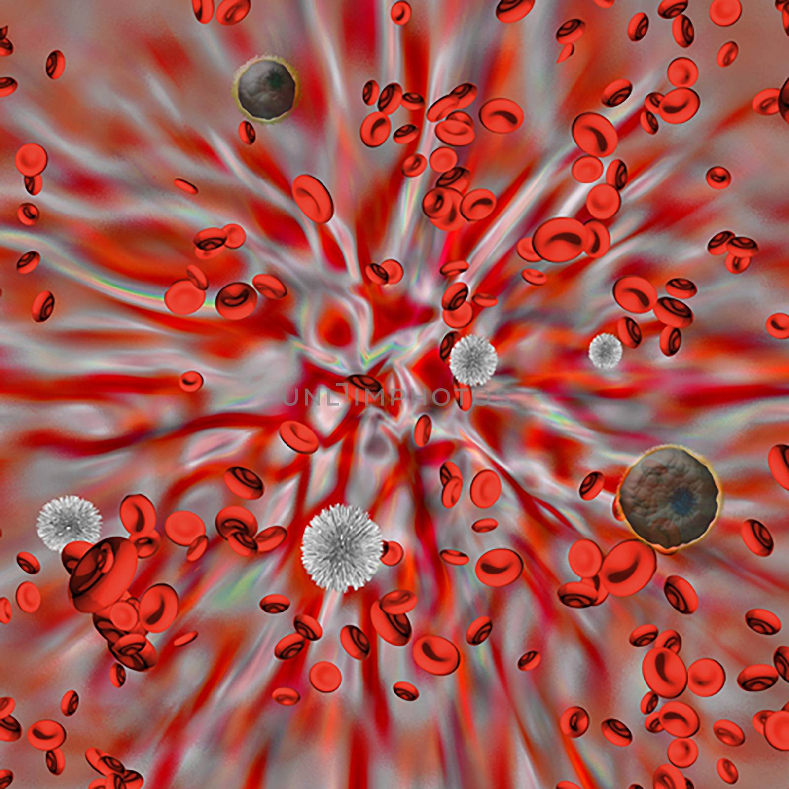 Red Blood cells with virus cells. 3D rendering.