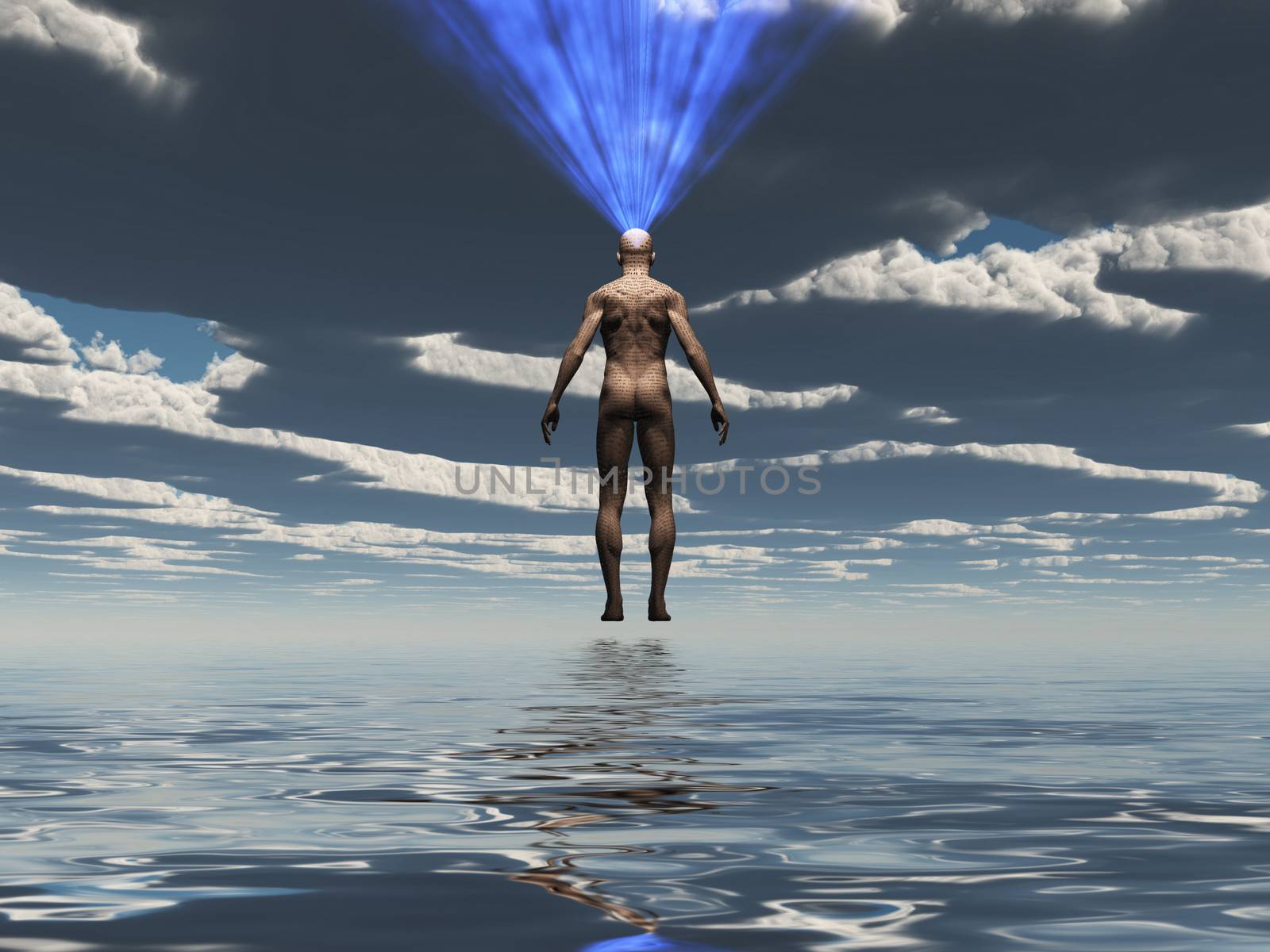 Man radiates light from mind over water