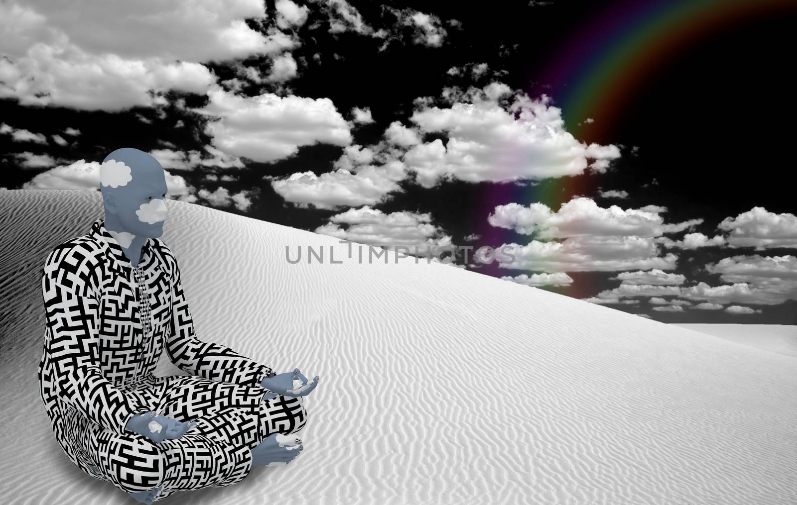 Surrealism. Figure of man in suit with maze pattern sits  in lotus pose in white desert.