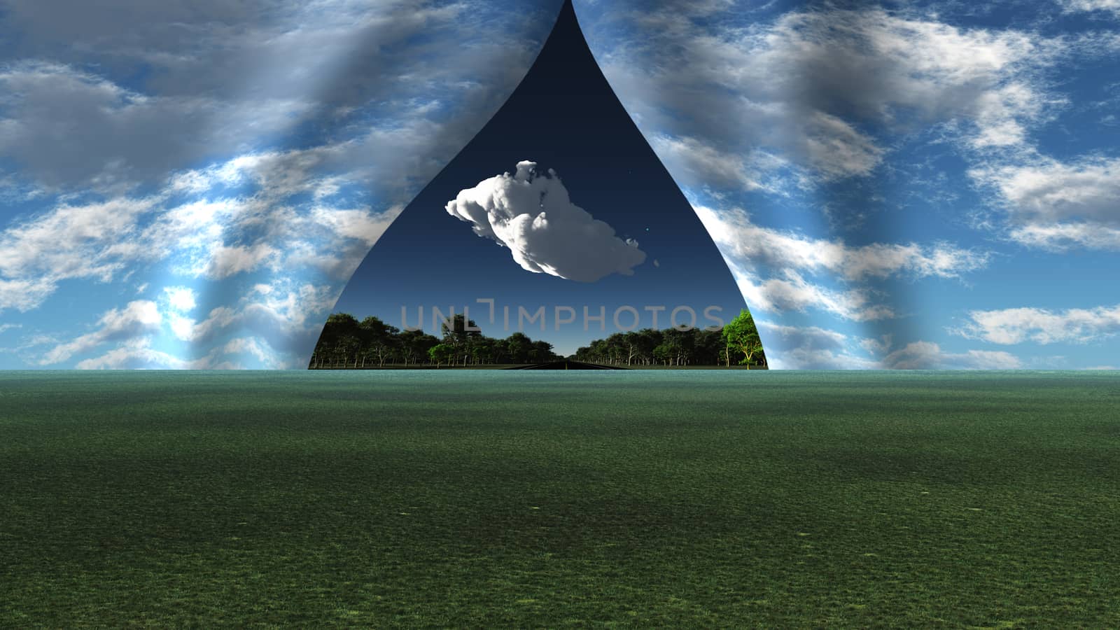 Sky pulled apart like curtain to reveal other landscape