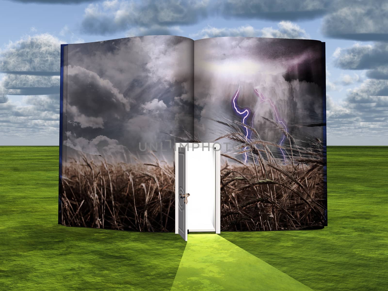 Surrealism. Book with opened door and field.