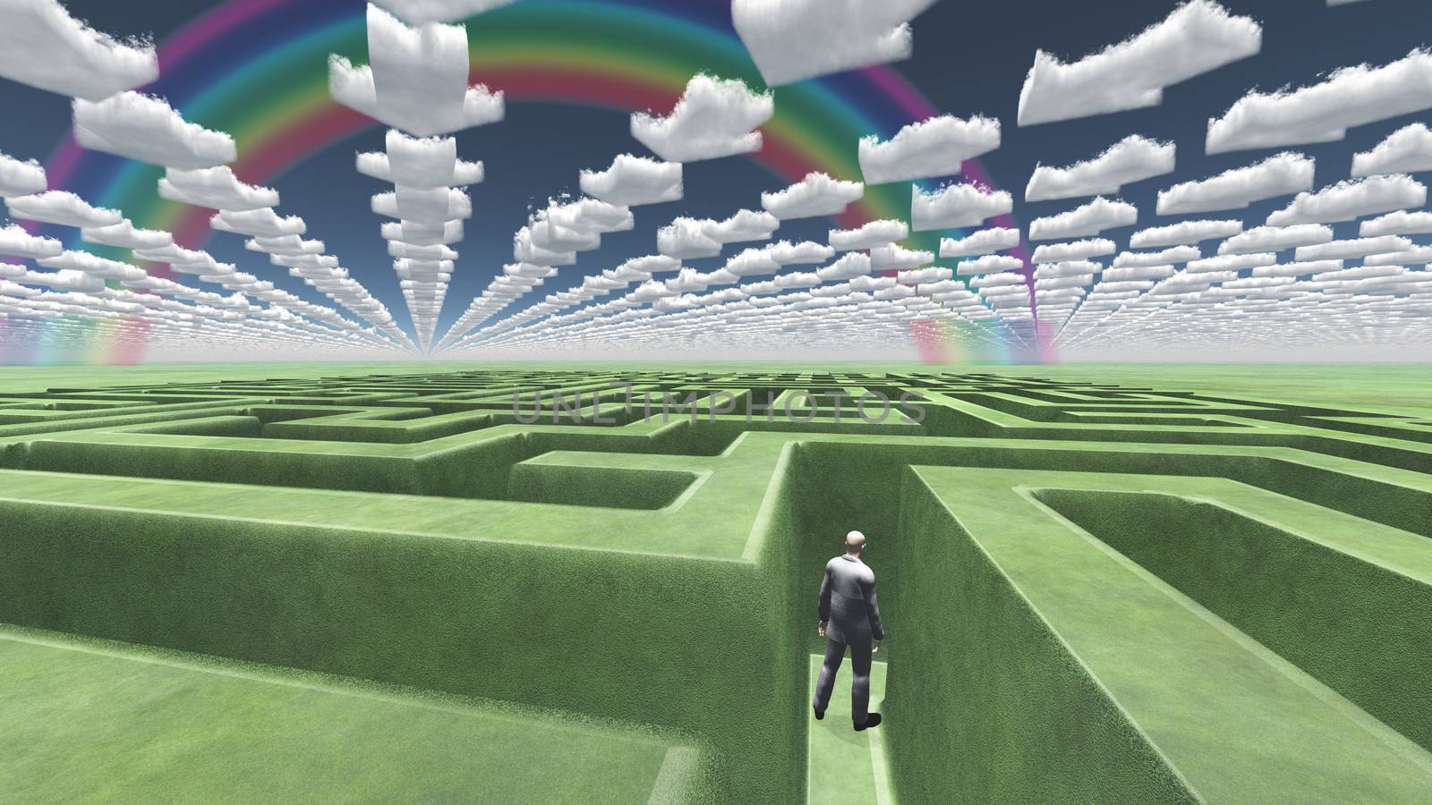 Figure inside of maze with arrow clouds above