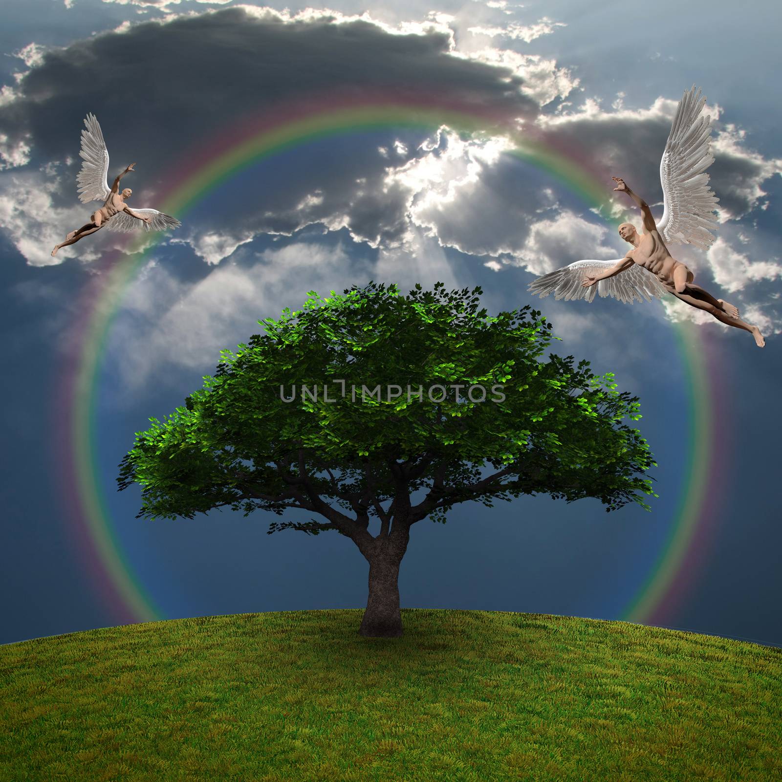 Angels above green tree. Dramatic clouds and rainbow. 3D rendering.