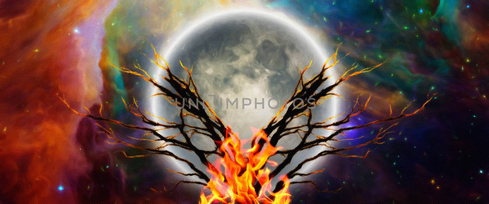 Mystic tree with bonfire in moonlight. Vivid universe