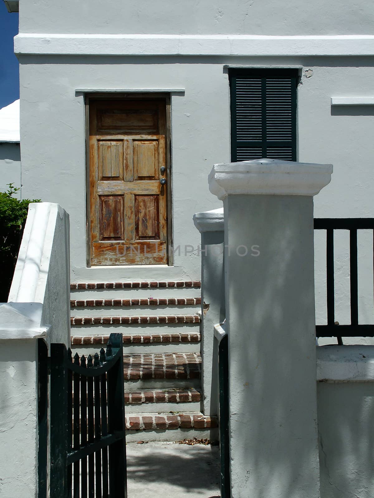 Opened wicket. House with wooden door