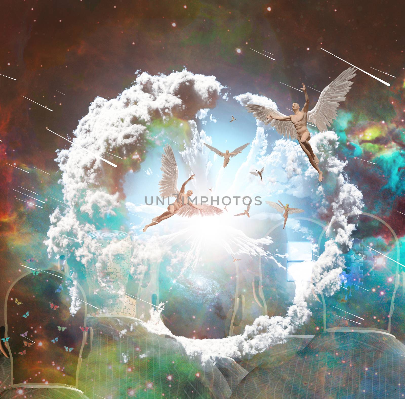 Vivid galaxy. Naked winged men represents angels. 3D rendering.
