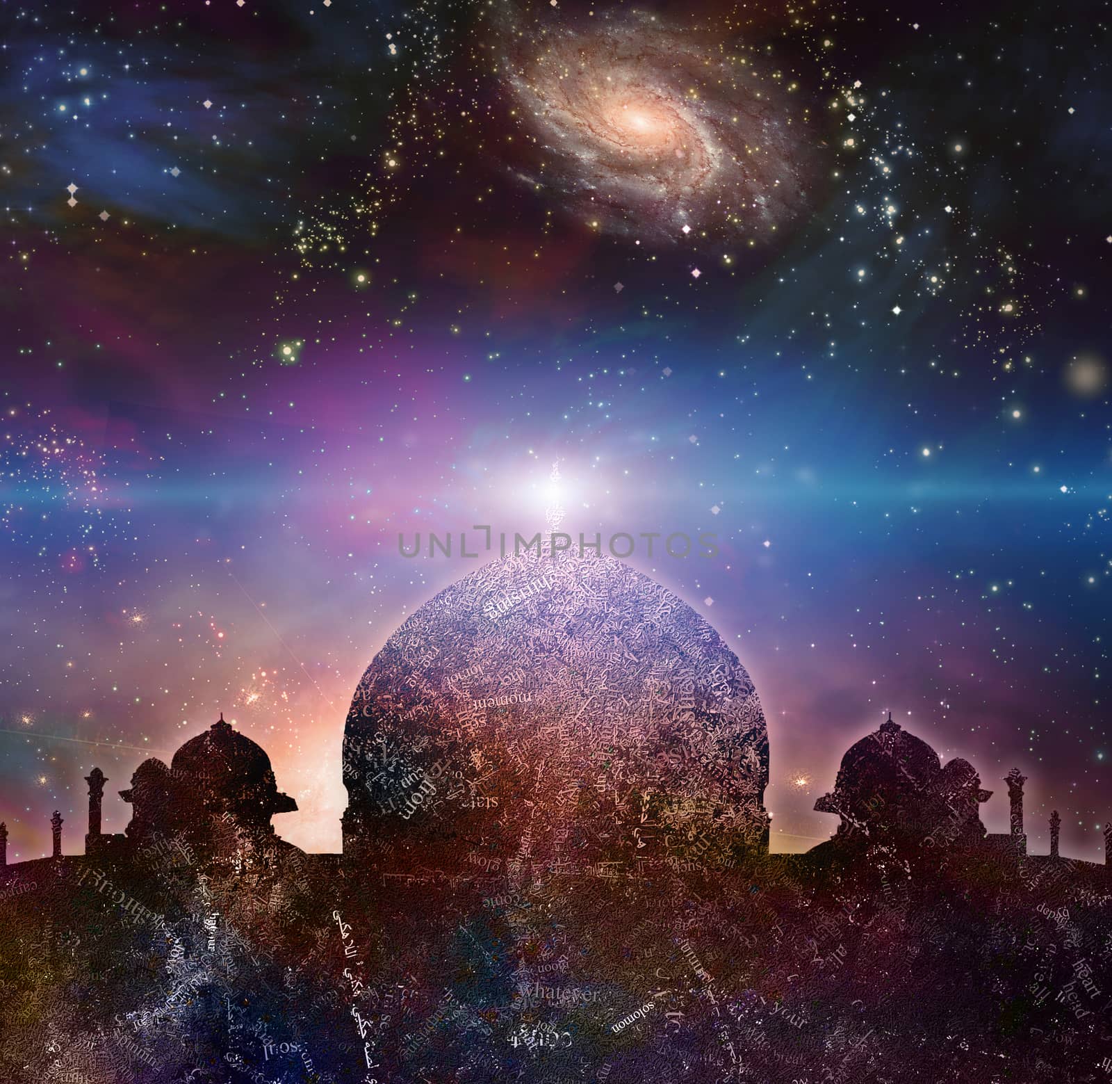 Temple in eastern style. Universe with galaxies on a background.