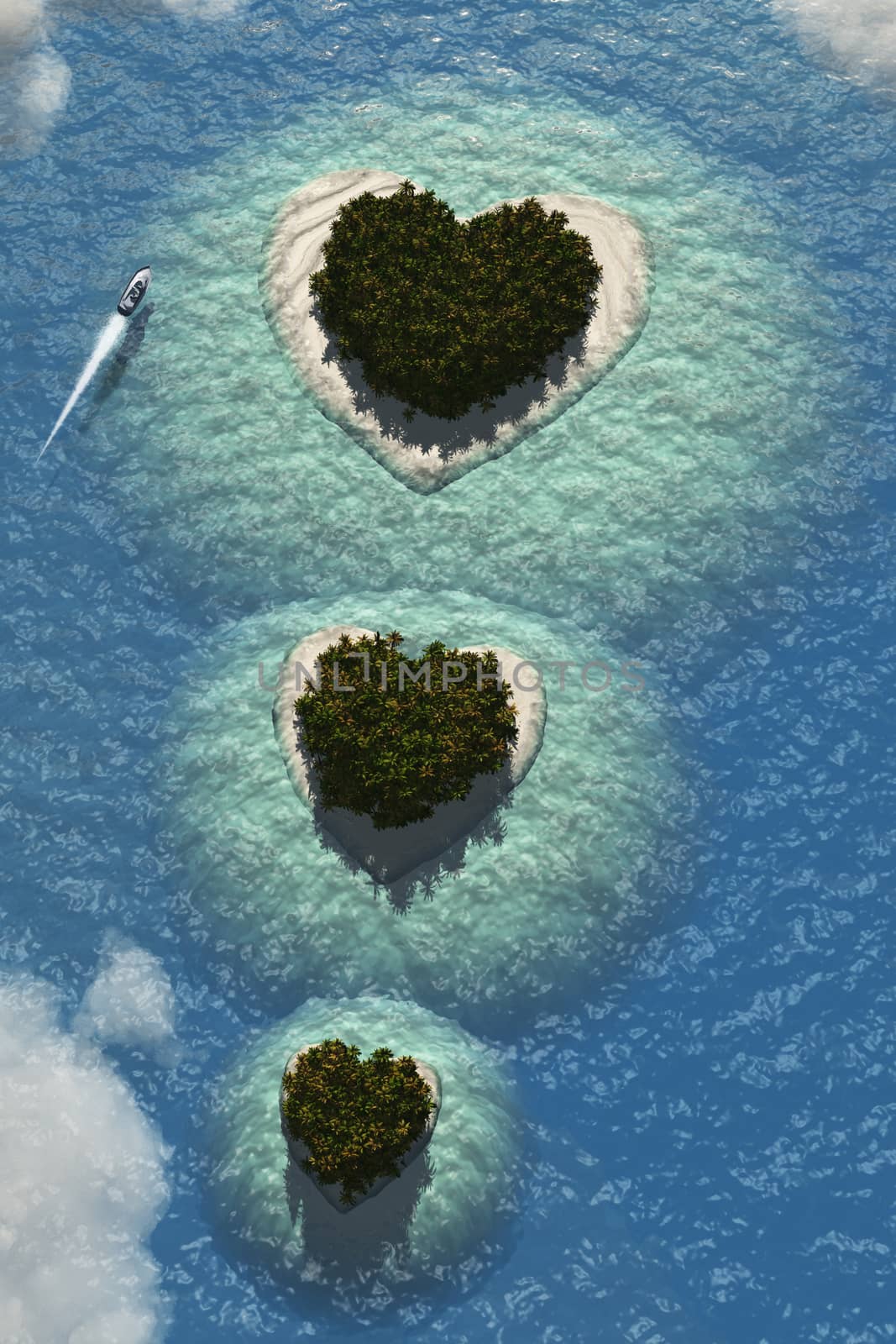 Tropical Islands in Heart Shape. Boat. 3D rendering
