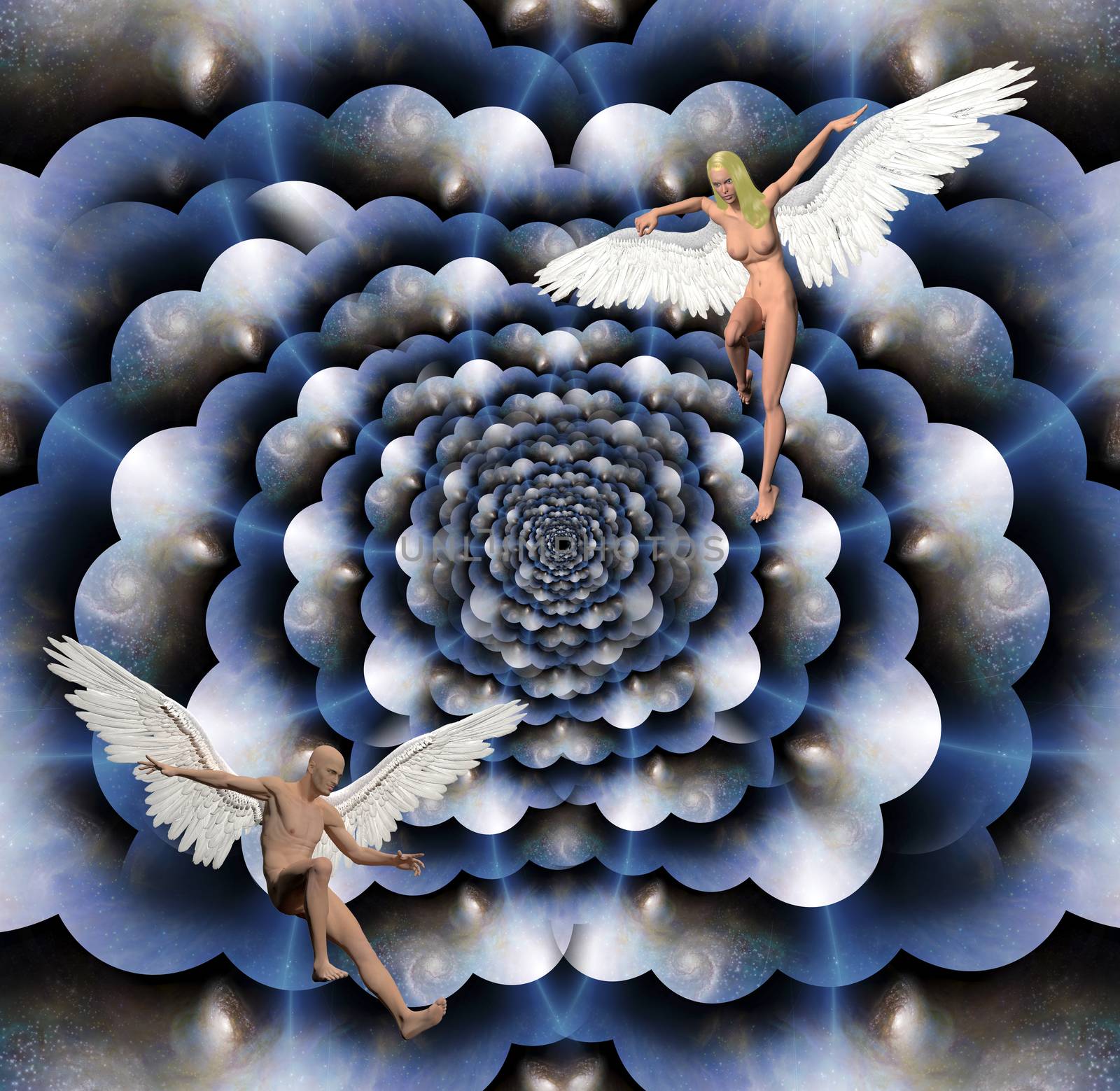 Figures of man and woman with angel wings. Multilayered space represents endless of dimensions.