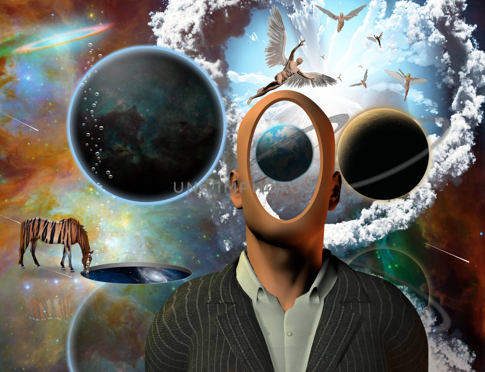Surreal composition. Faceless businessman. Striped horse stands near wormhole. Angels comes from another dimensions. 3D rendering
