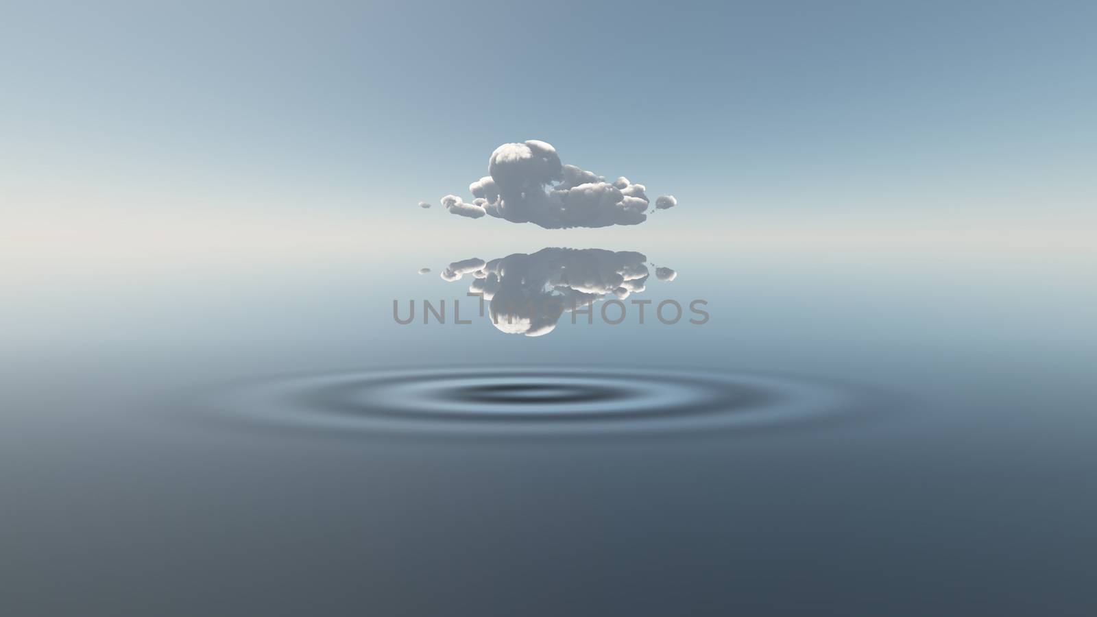 Lonely cloud above quiet water surface. 3D rendering