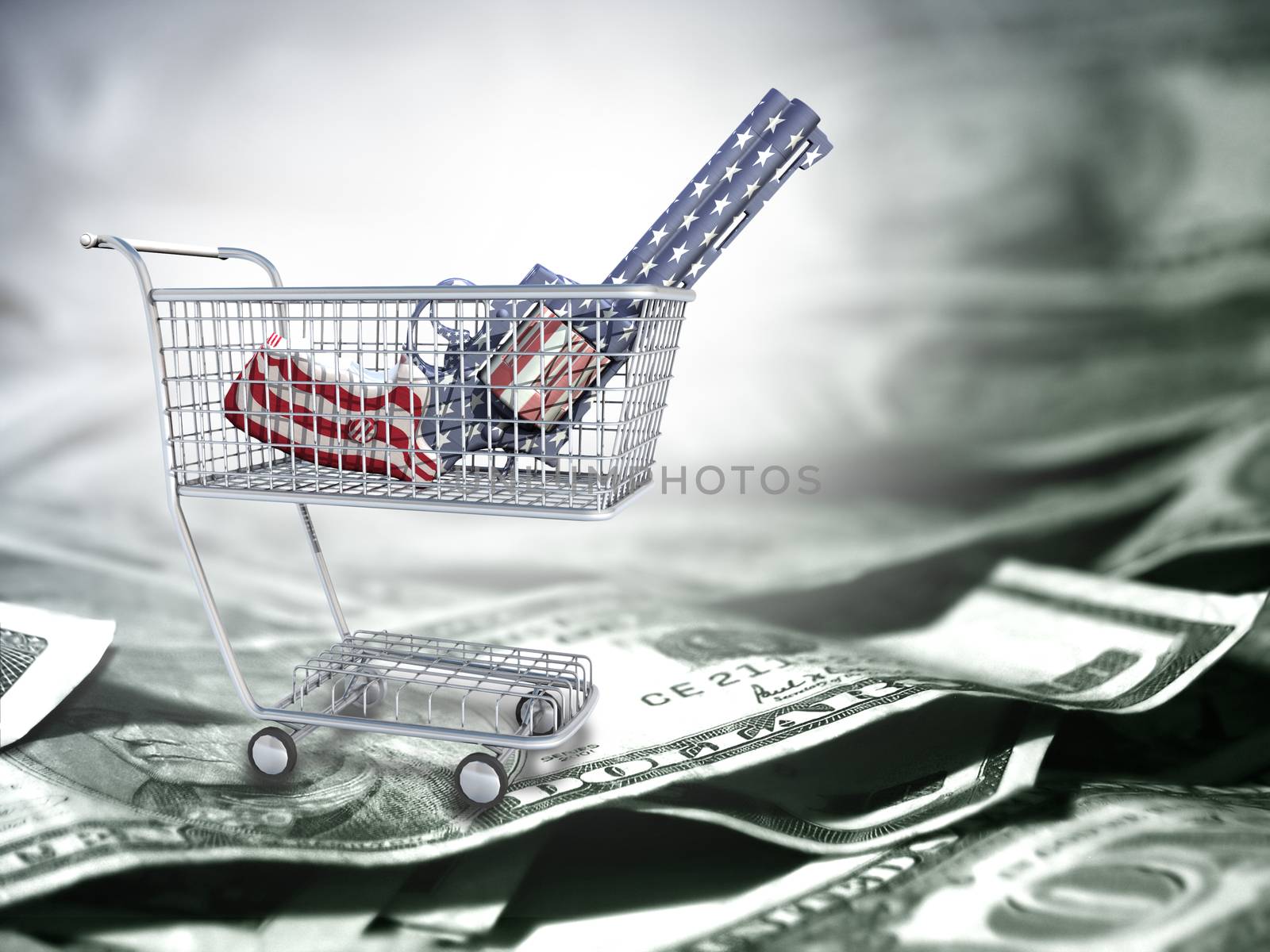 Gun in national colors in a cart. US dollars.