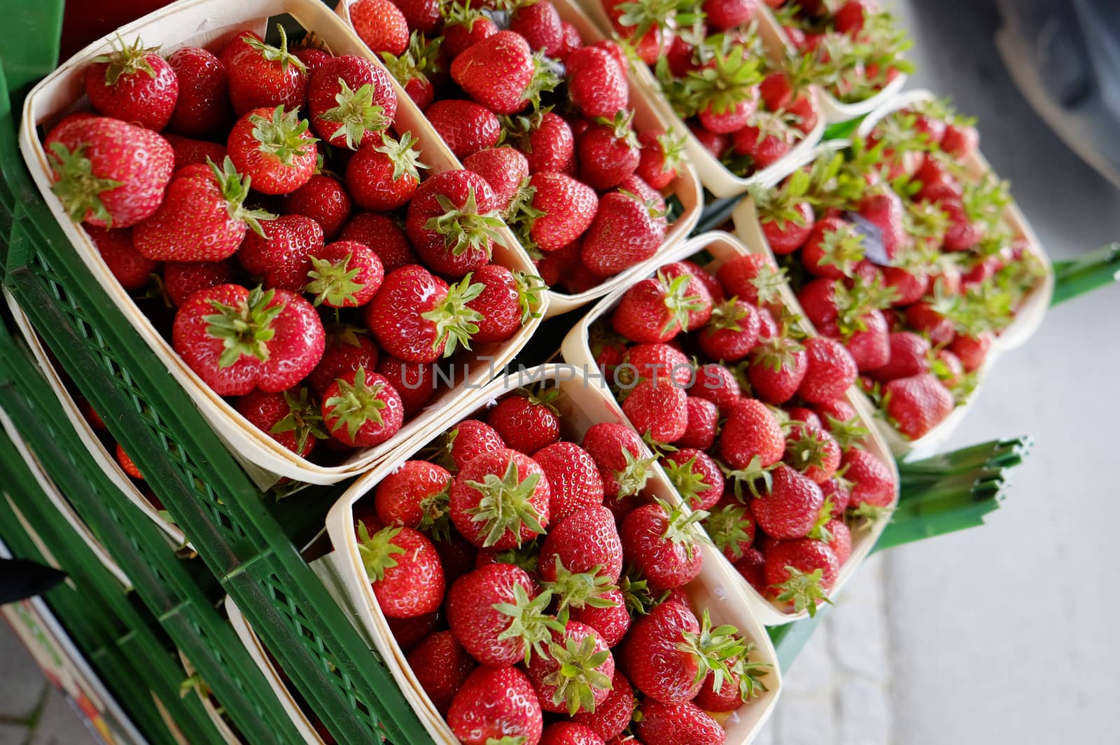 Strawberries for sale in paper boxes