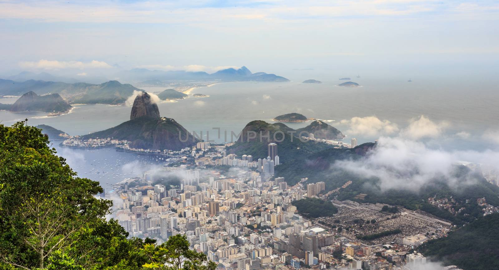 Rio city center downtown panorama with coastline and Sugar Loaf  by ambeon