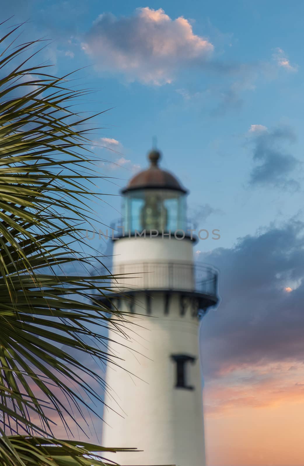 Old white lighthouse beyond palm trees on a cloudy day