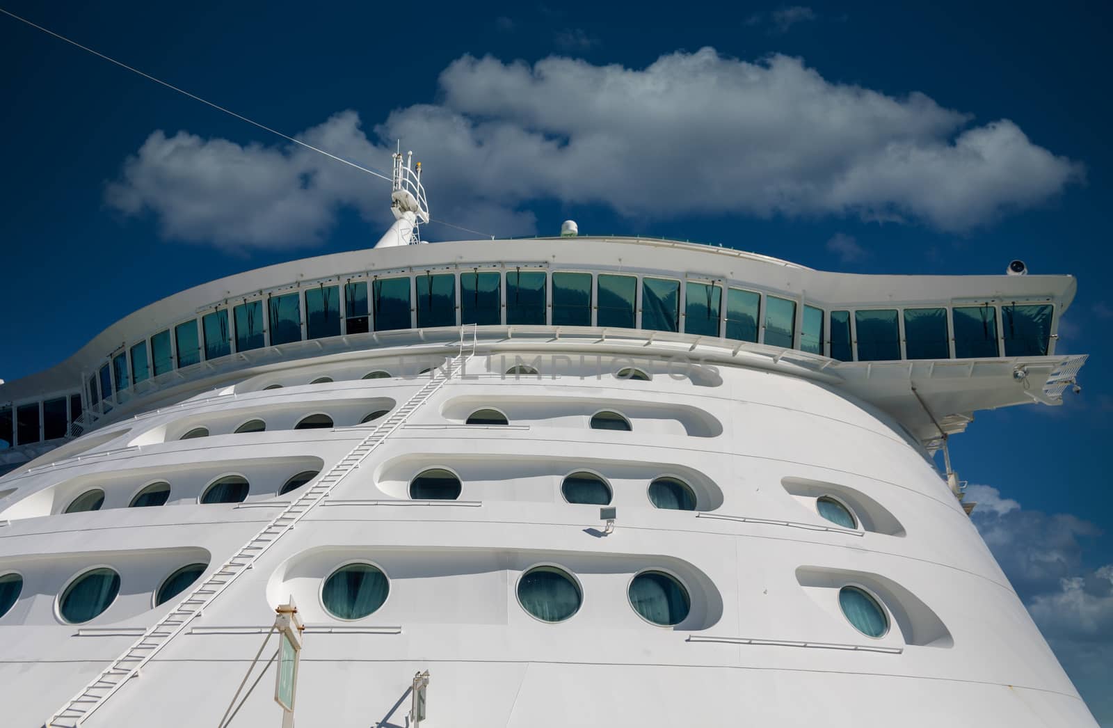 Portholes and Bridge on the Bow of a Luxury Cruise Ship