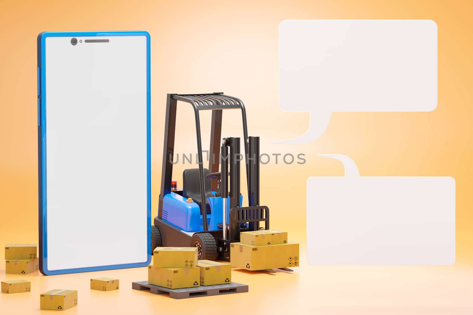 Forklift truck with a cardboard box on a pallet. Smartphone and text box. Cargo in the warehouse to prepare to be delivered by transport. Concept of online shopping and logistics planning. 3D render.